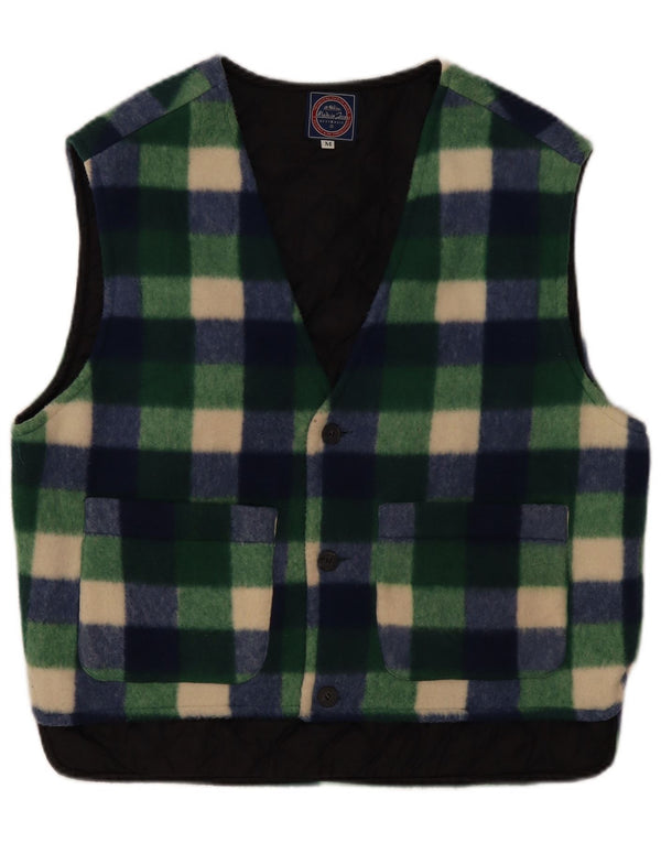 Vintage Mens Fleece Gilet UK 38 Medium Green Gingham Polyester