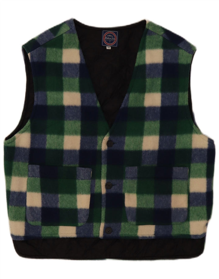 Vintage Mens Fleece Gilet UK 38 Medium Green Gingham Polyester