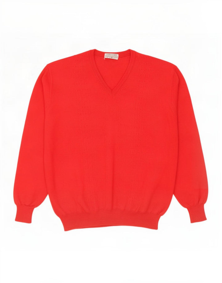 Vintage Mens V-Neck Jumper Sweater Large Red Virgin Wool