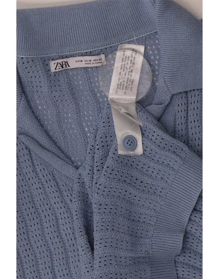 Zara Mens Short Sleeve Cardigan Sweater Medium Blue Cotton