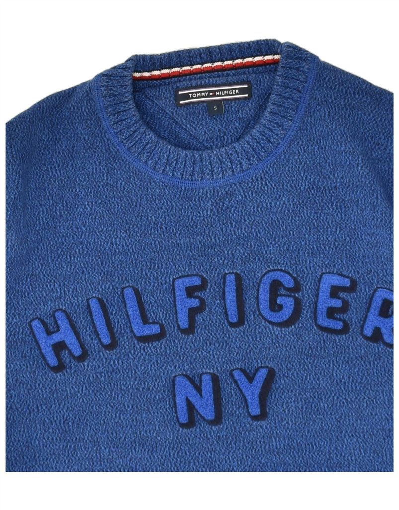 TOMMY HILFIGER Mens Graphic Crew Neck Jumper Sweater Small Blue Wool | Vintage Tommy Hilfiger | Thrift | Second-Hand Tommy Hilfiger | Used Clothing | Messina Hembry 