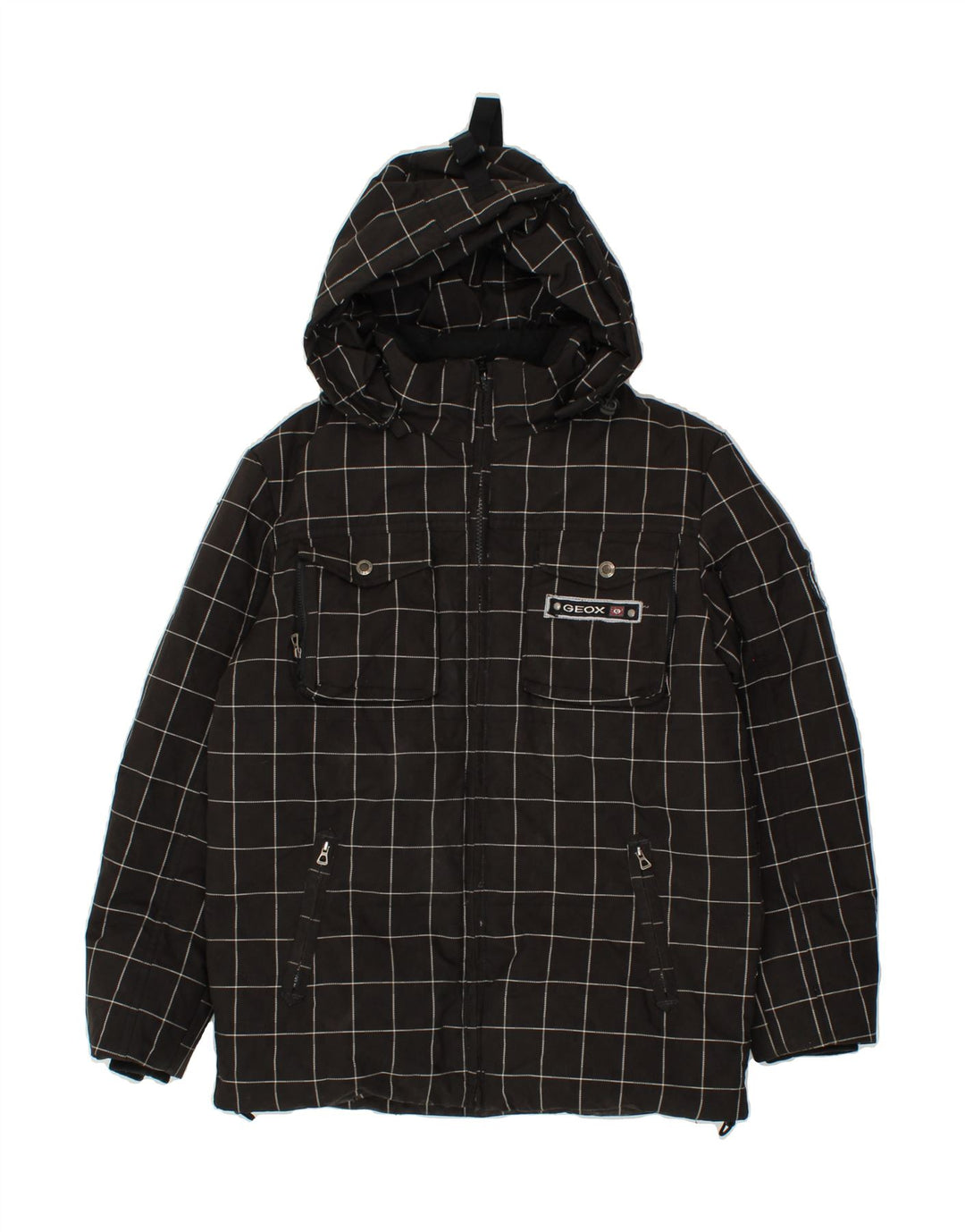 GEOX Boys Hooded Rain Jacket 11-12 Years Black Check Polyester Vintage Geox and Second-Hand Geox from Messina Hembry 