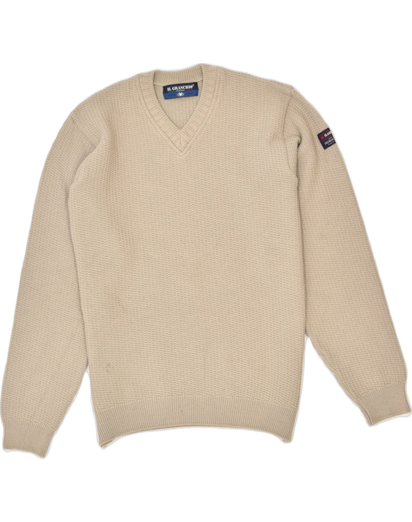 IL GRANCHIO Mens V-Neck Jumper Sweater Large Beige Acrylic | Vintage | Thrift | Second-Hand | Used Clothing | Messina Hembry 