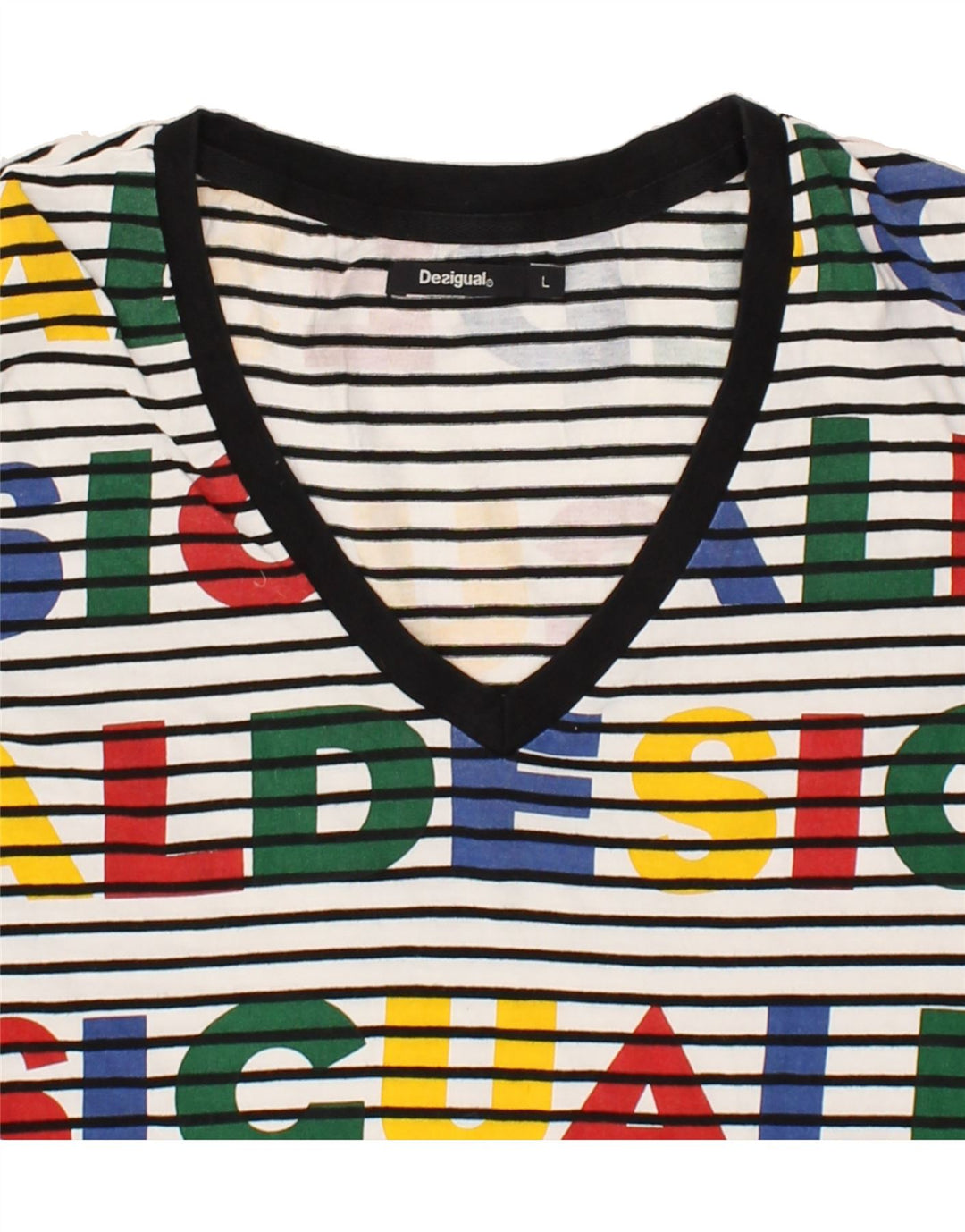 DESIGUAL Womens Graphic T-Shirt Top UK 14 Medium Multicoloured Striped