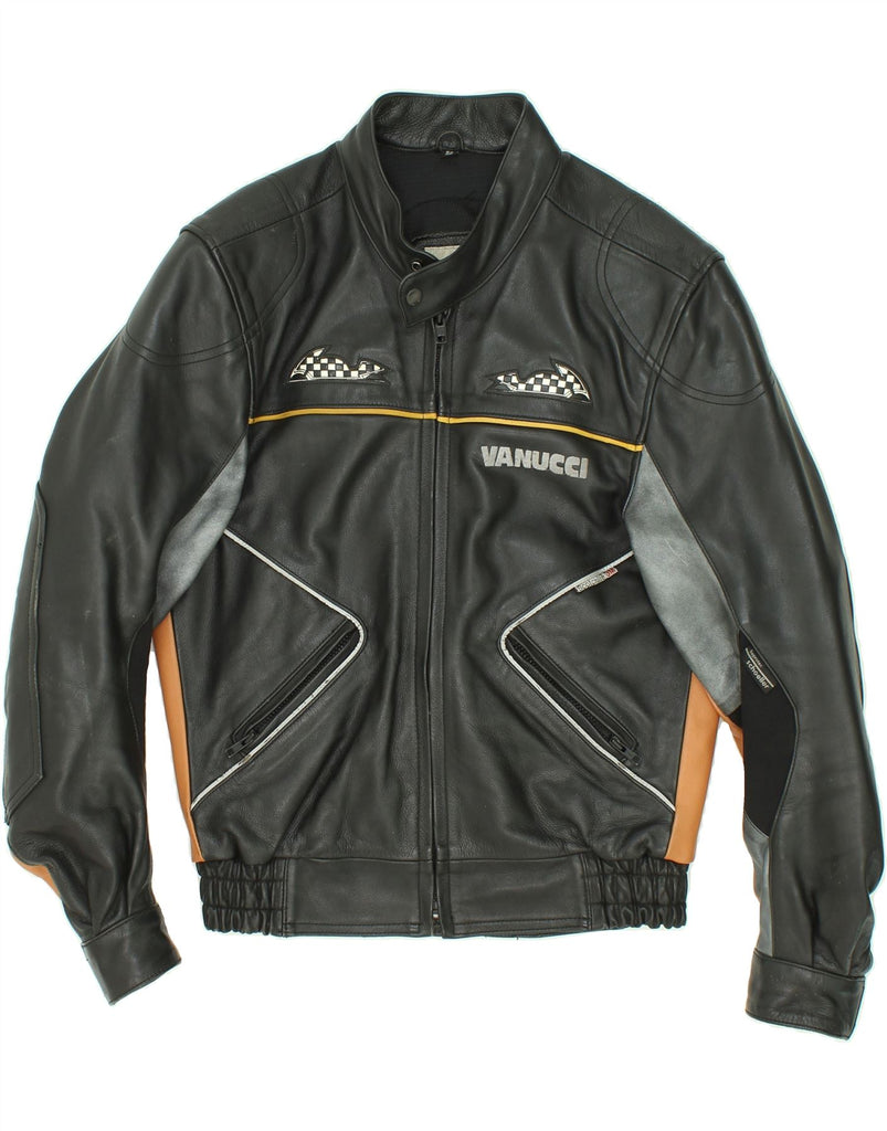 VANUCCI Mens Motorcycle Graphic Biker Jacket IT 52 XL Black Leather Vintage Vanucci and Second-Hand Vanucci from Messina Hembry 