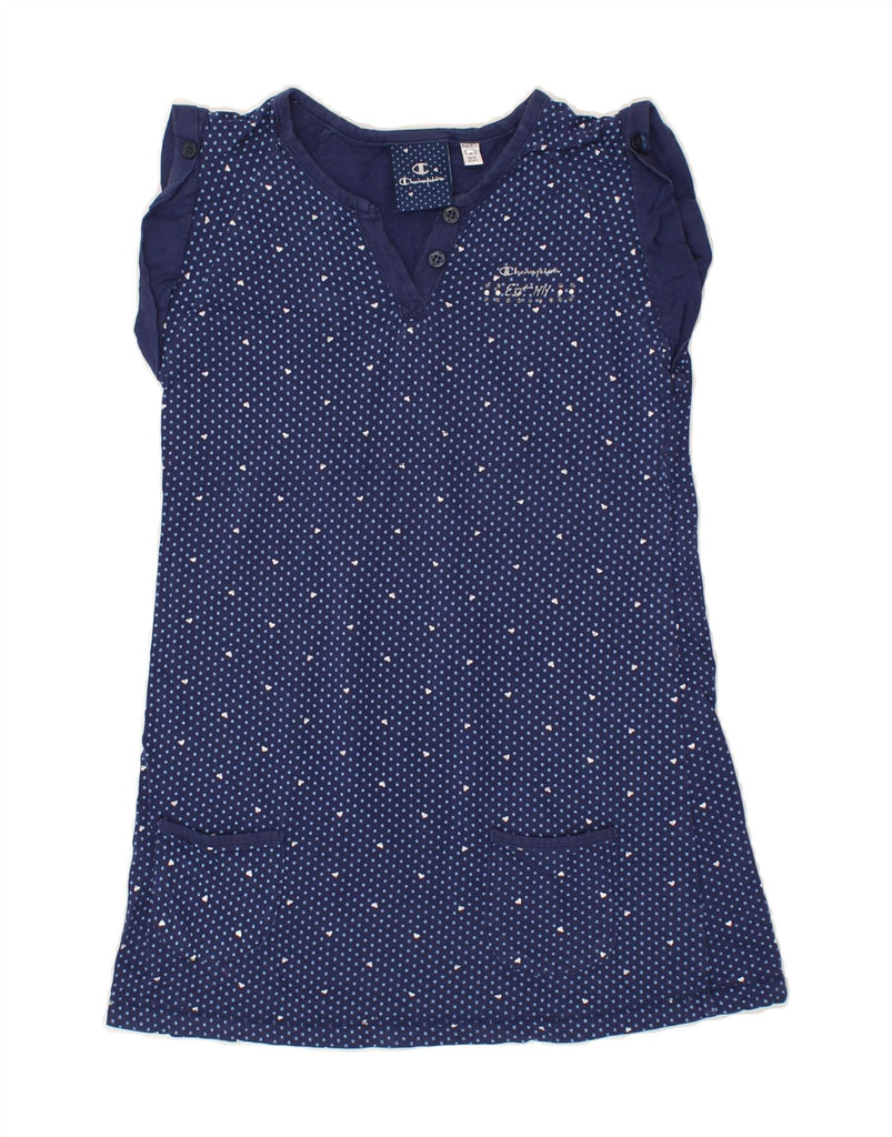 CHAMPION Girls T-Shirt Dress 11-12 Years Large  Navy Blue Polka Dot Cotton | Vintage Champion | Thrift | Second-Hand Champion | Used Clothing | Messina Hembry 