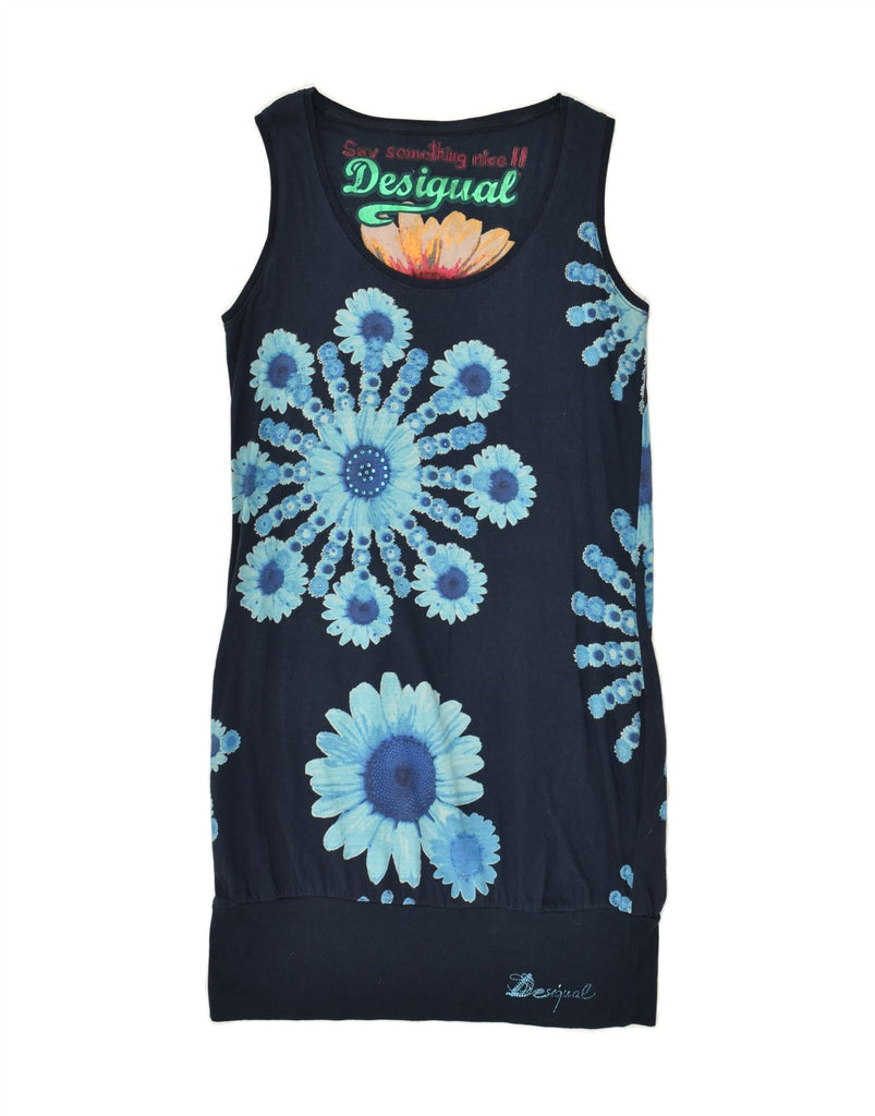 DESIGUAL Womens Graphic T-Shirt Dress UK 14 Large Navy Blue Floral Cotton | Vintage Desigual | Thrift | Second-Hand Desigual | Used Clothing | Messina Hembry 