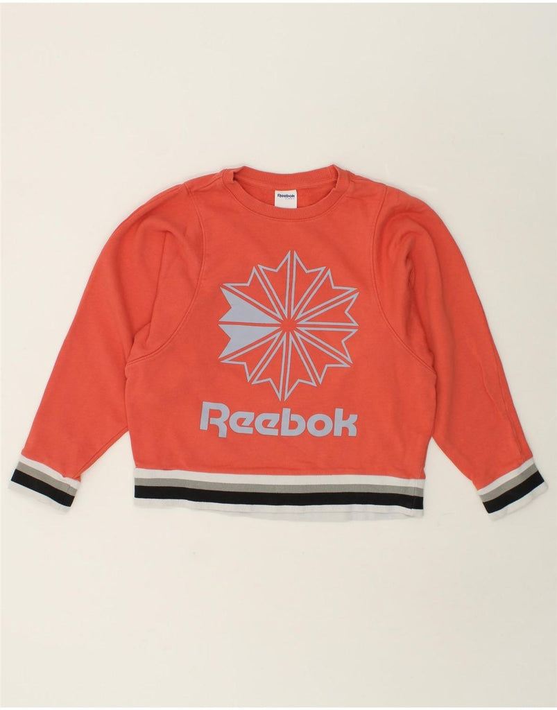 REEBOK Womens Graphic Sweatshirt Jumper UK 8/10 Small Orange Cotton | Vintage Reebok | Thrift | Second-Hand Reebok | Used Clothing | Messina Hembry 