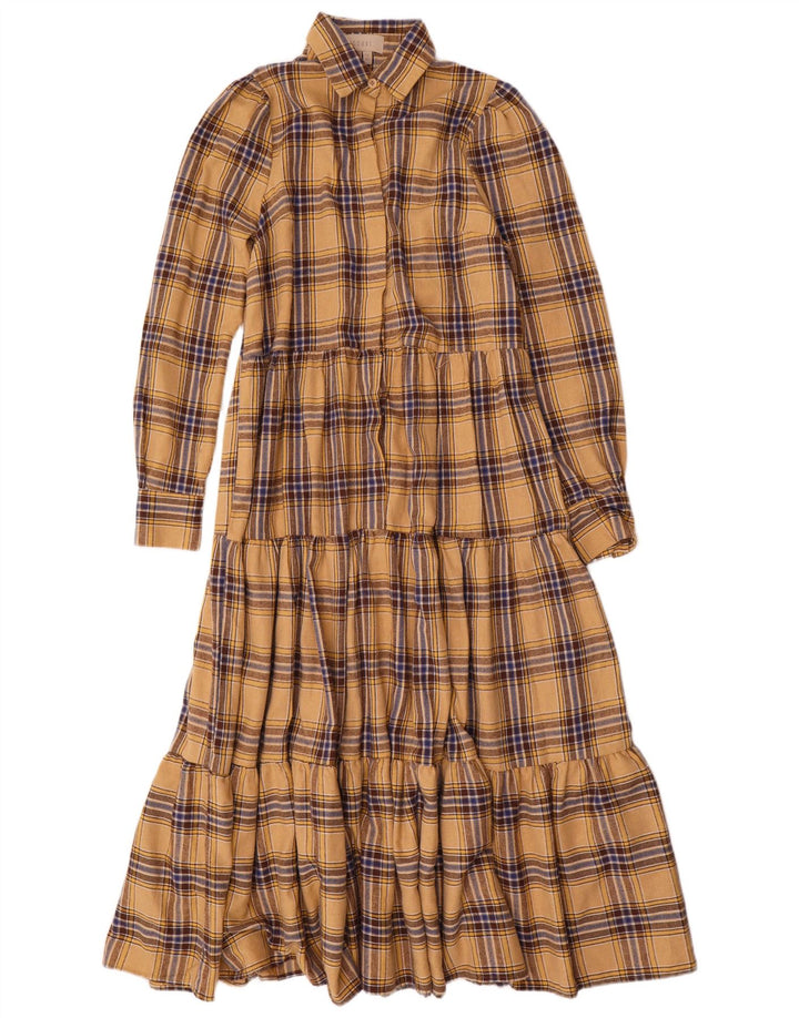 Coast Womens Long Sleeve Maxi Dress UK 10 Small Beige Check Polyester