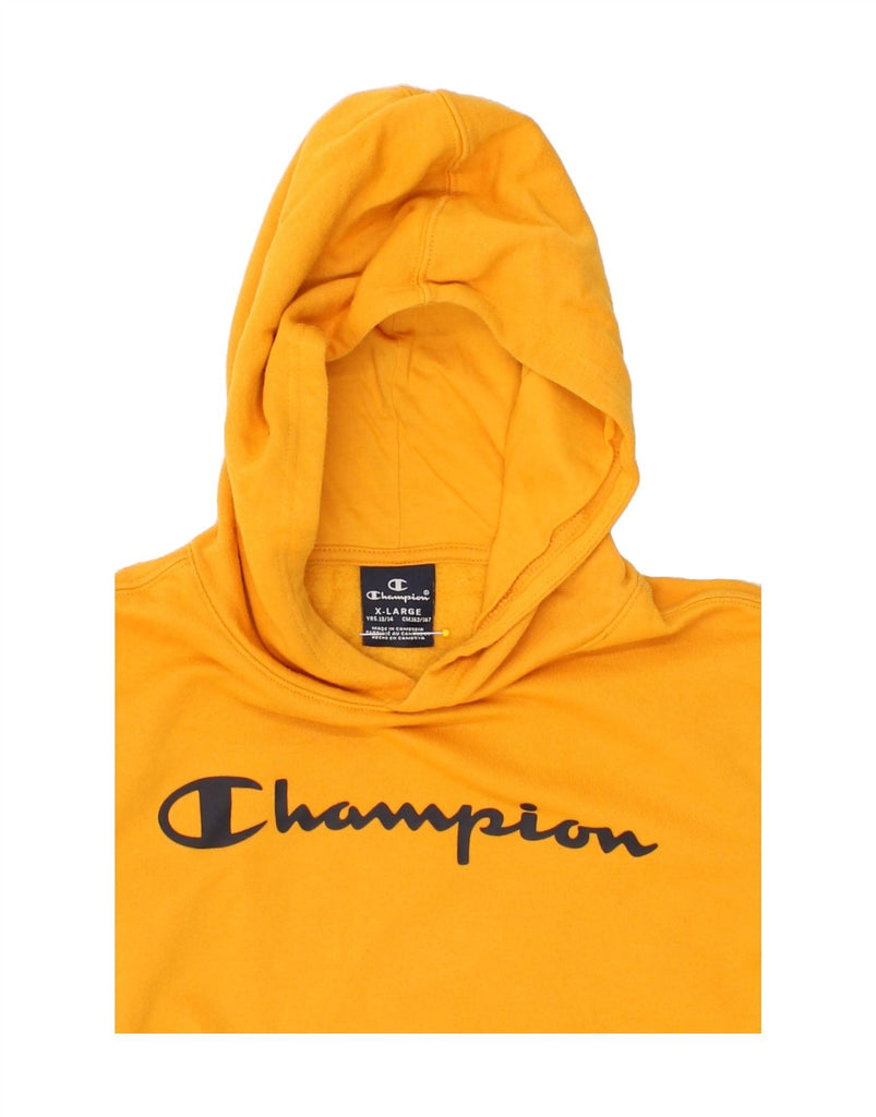 CHAMPION Boys Graphic Hoodie Jumper 13-14 Years XL Yellow Cotton | Vintage Champion | Thrift | Second-Hand Champion | Used Clothing | Messina Hembry 