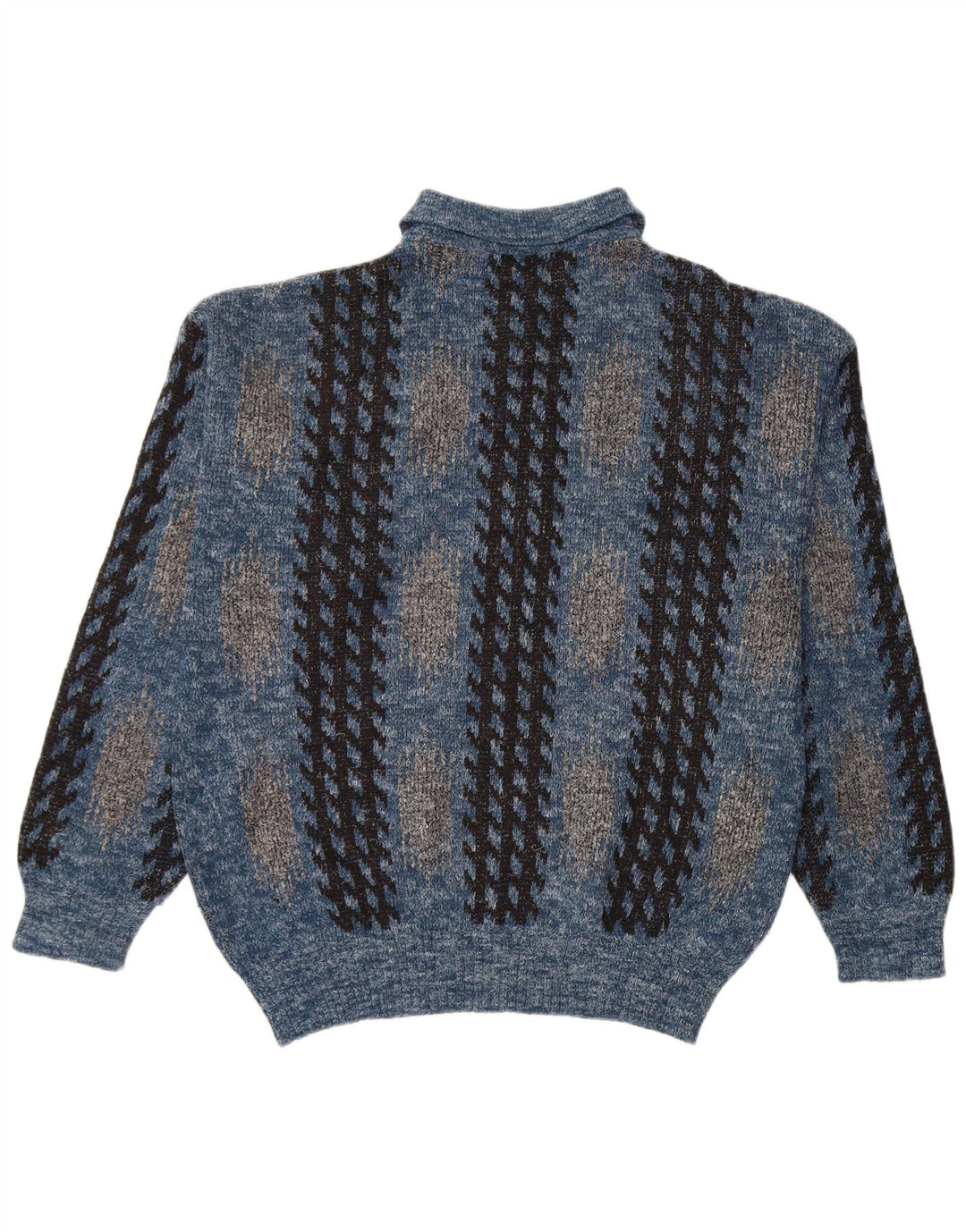 Vintage Mens Polo Neck Jumper Sweater Medium Blue Geometric