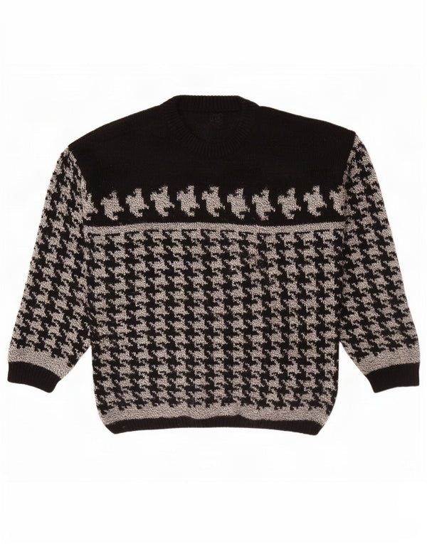 Vintage Mens Crew Neck Jumper Sweater Medium Black Houndstooth
