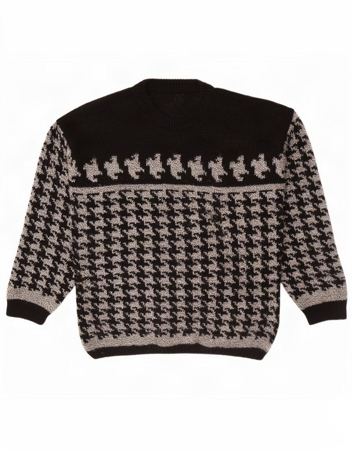 Vintage Mens Crew Neck Jumper Sweater Medium Black Houndstooth