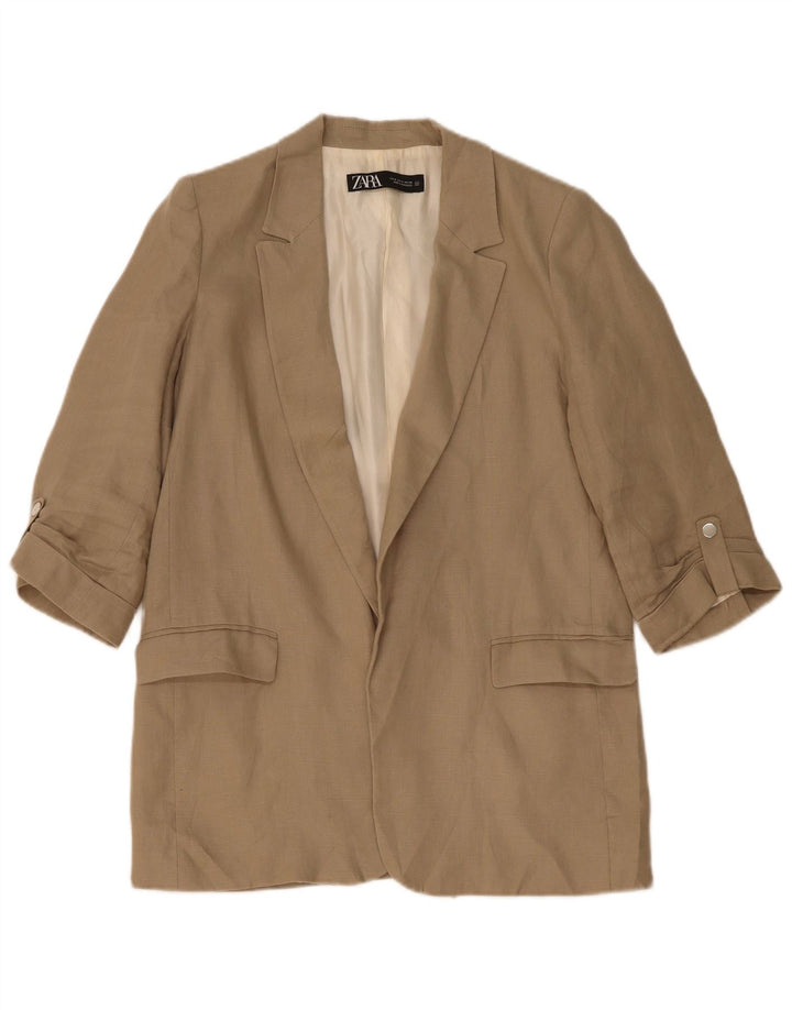 Zara Womens 3/4 Sleeve Open Blazer Jacket UK 14 Medium Beige Linen