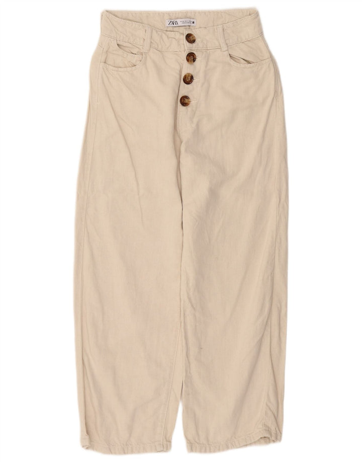 ZARA Womens High Waist Loose Fit Cropped Trousers EU 36 XS W26 L25 Beige
