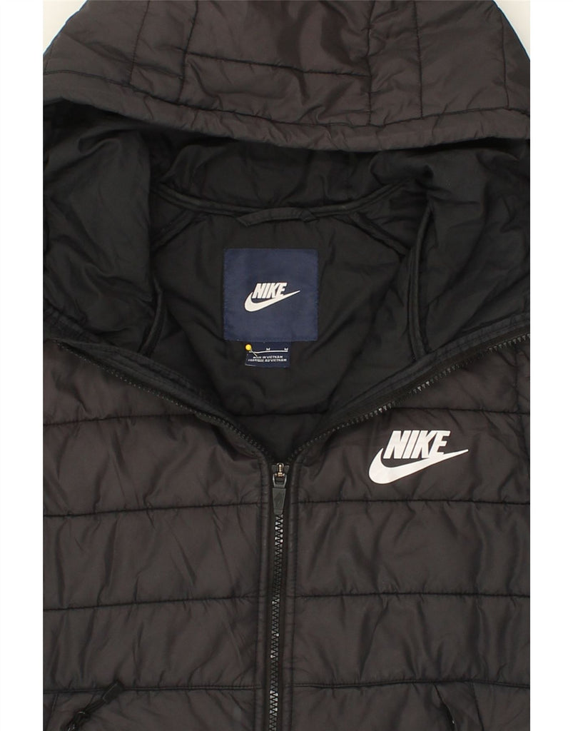 NIKE Womens Hooded Padded Jacket UK 14 Medium Black Colourblock Cotton | Vintage Nike | Thrift | Second-Hand Nike | Used Clothing | Messina Hembry 