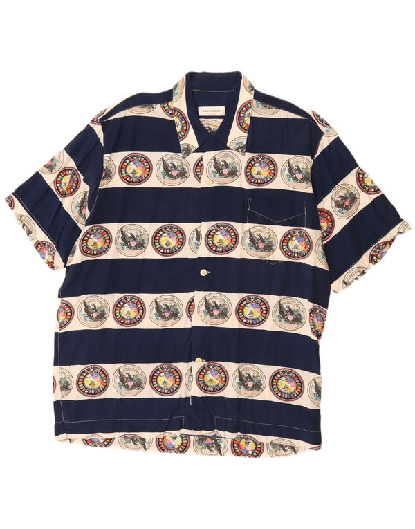 VINTAGE Mens Graphic Short Sleeve Shirt Large Navy Blue Striped Viscose