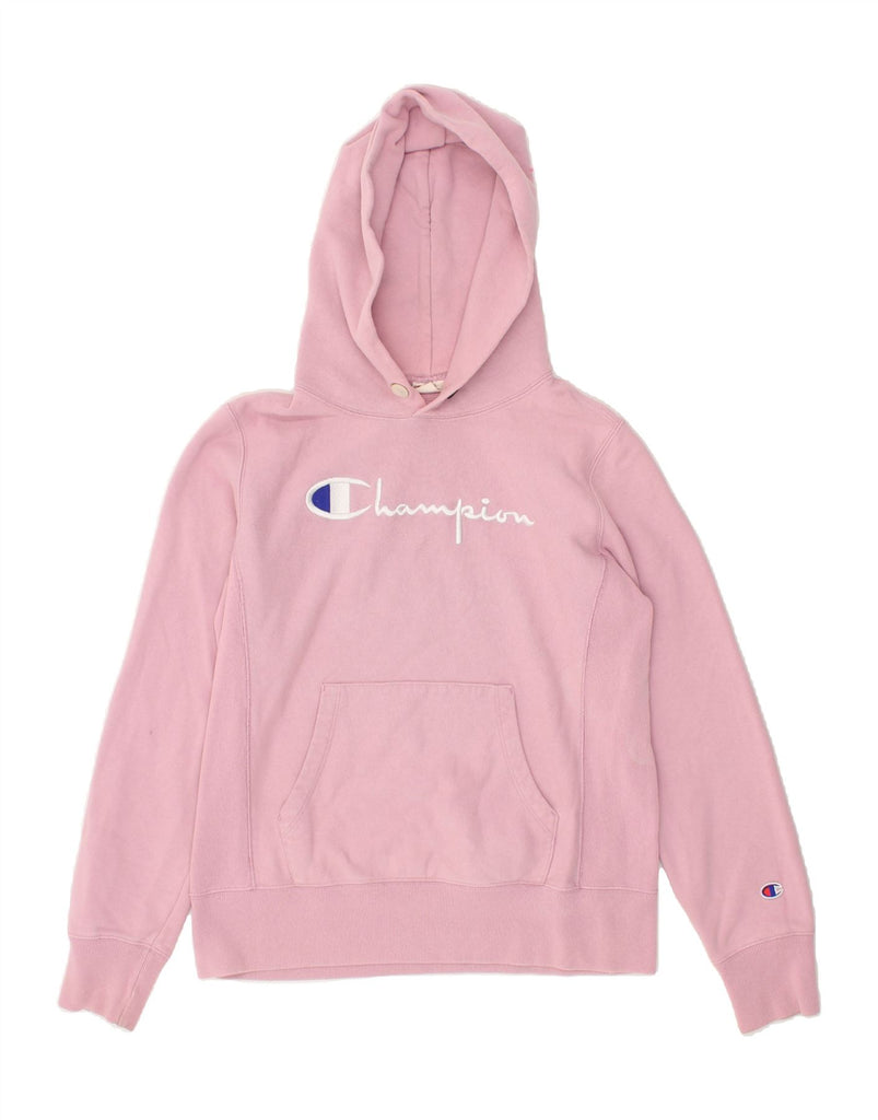 CHAMPION Womens Graphic Hoodie Jumper UK 16 Large Pink Cotton | Vintage Champion | Thrift | Second-Hand Champion | Used Clothing | Messina Hembry 