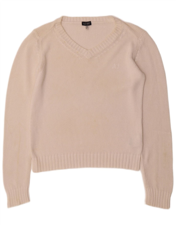 ARMANI JEANS Womens V-Neck Jumper Sweater UK 16 Large White Cotton