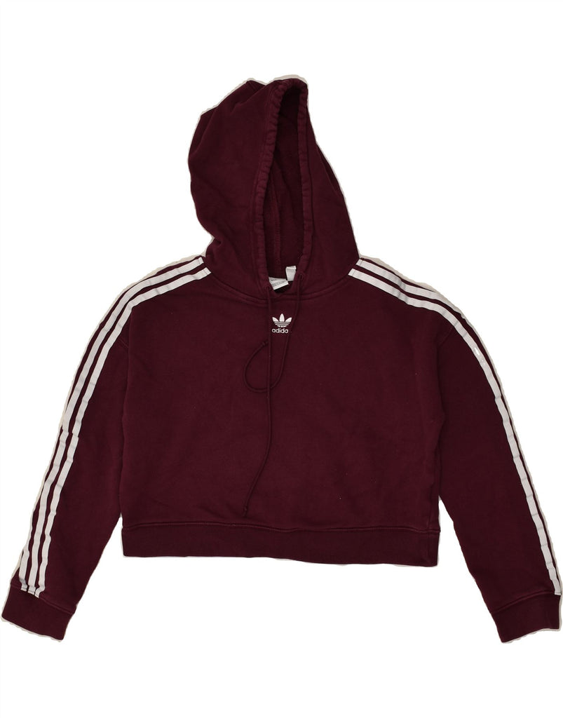 ADIDAS Womens Crop Hoodie Jumper UK 6 XS Burgundy Cotton | Vintage Adidas | Thrift | Second-Hand Adidas | Used Clothing | Messina Hembry 