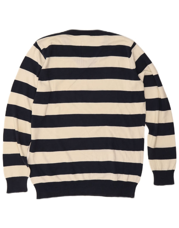 Lacoste Mens V-Neck Jumper Sweater Size 3 Small Navy Blue Striped Cotton