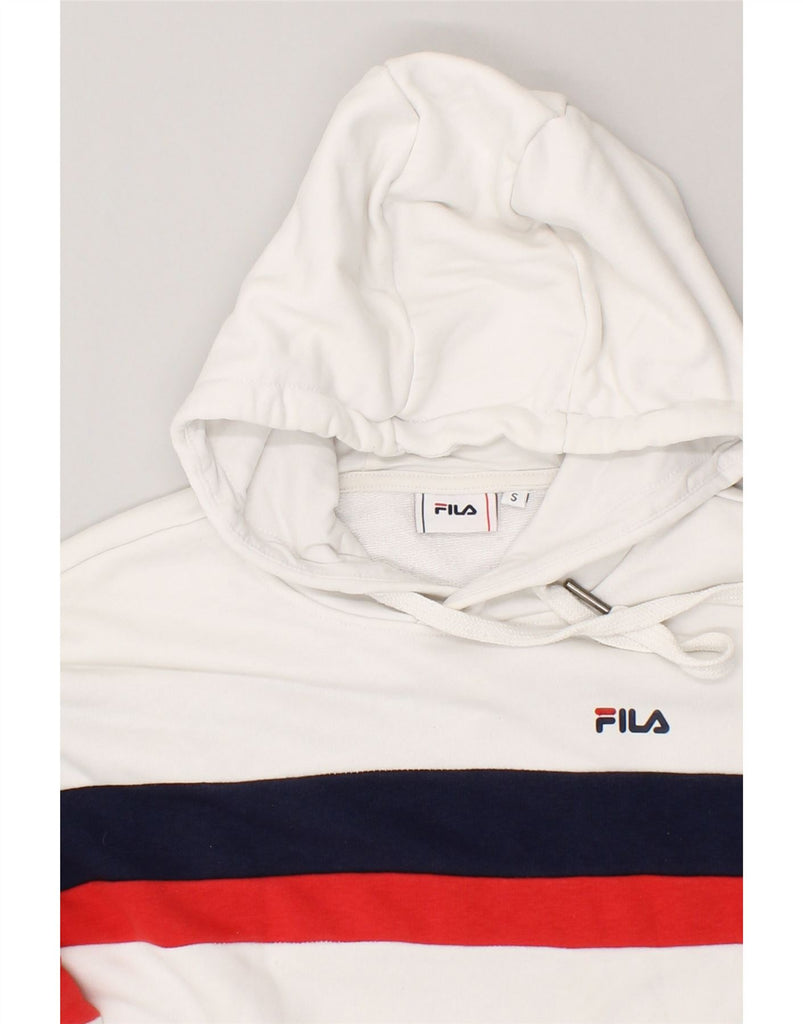 FILA Womens Oversized Graphic Hoodie Jumper UK 10 Small White Striped | Vintage Fila | Thrift | Second-Hand Fila | Used Clothing | Messina Hembry 