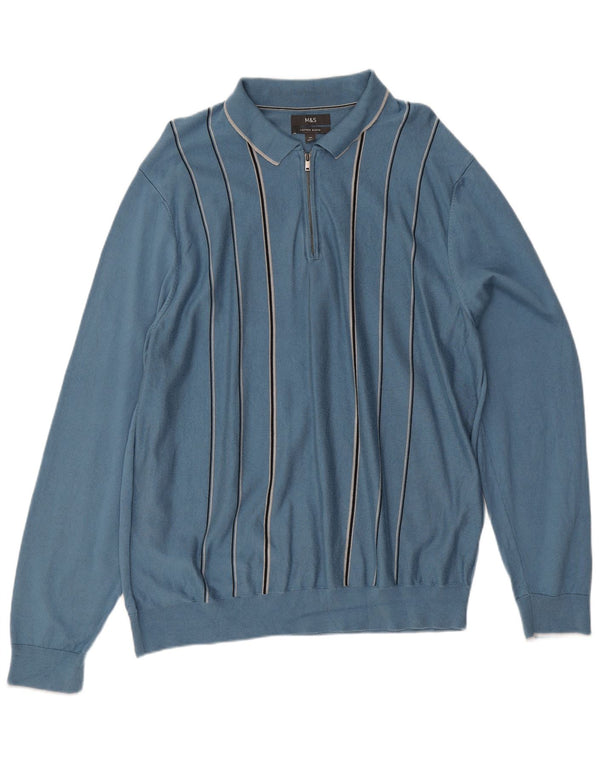 Marks & Spencer Mens Polo Neck Jumper Sweater 2XL Blue Striped Modal