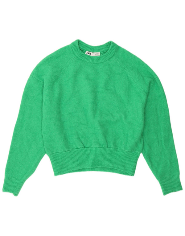 Zara Womens Crop Crew Neck Jumper Sweater UK 14 Medium Green Acrylic