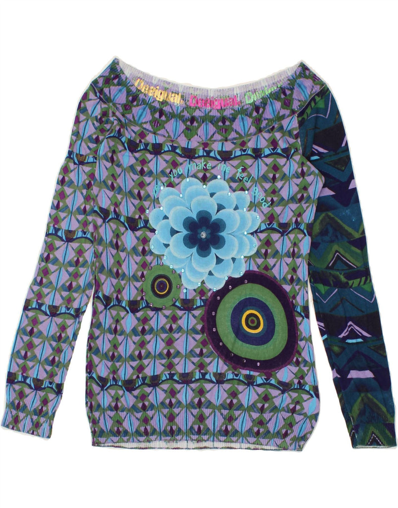 DESIGUAL Womens Graphic Boat Neck Jumper Sweater UK 14 Large Blue Floral Vintage Desigual and Second-Hand Desigual from Messina Hembry 