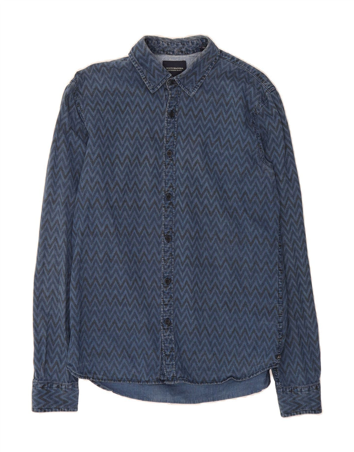 SCOTCH & SODA Mens Denim Shirt Medium Navy Blue Chevron Cotton Vintage Scotch & Soda and Second-Hand Scotch & Soda from Messina Hembry 