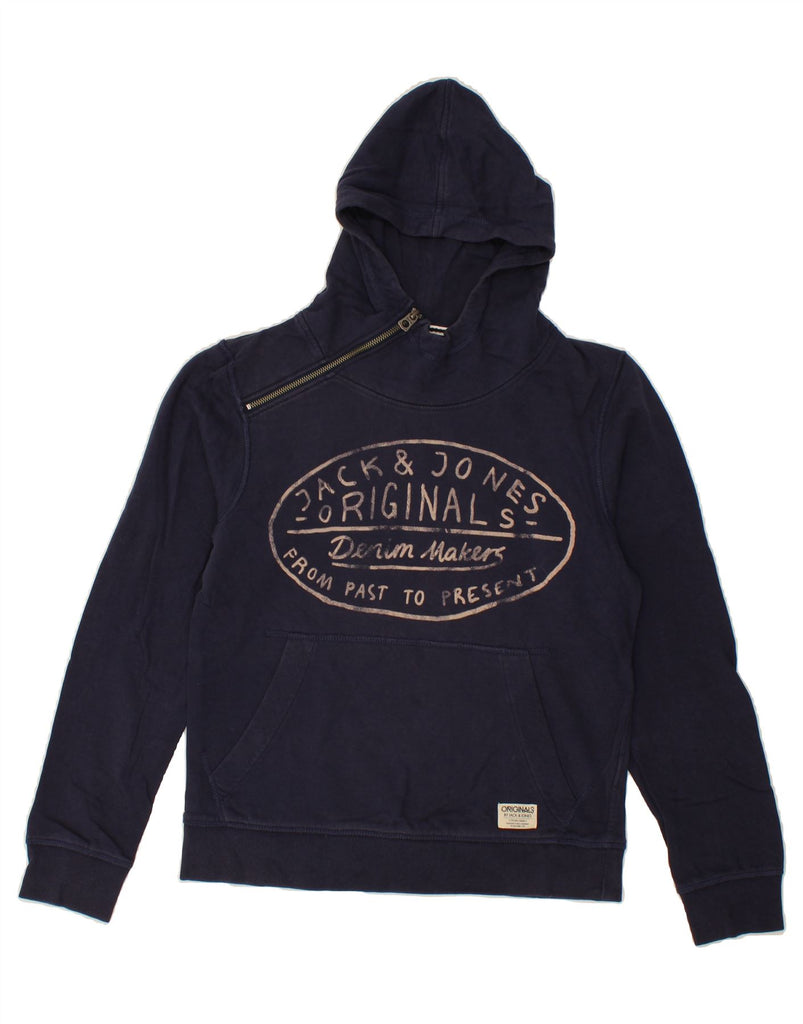 JACK & JONES Mens Graphic Zip Neck Hoodie Jumper Small Navy Blue Cotton Vintage Jack & Jones and Second-Hand Jack & Jones from Messina Hembry 