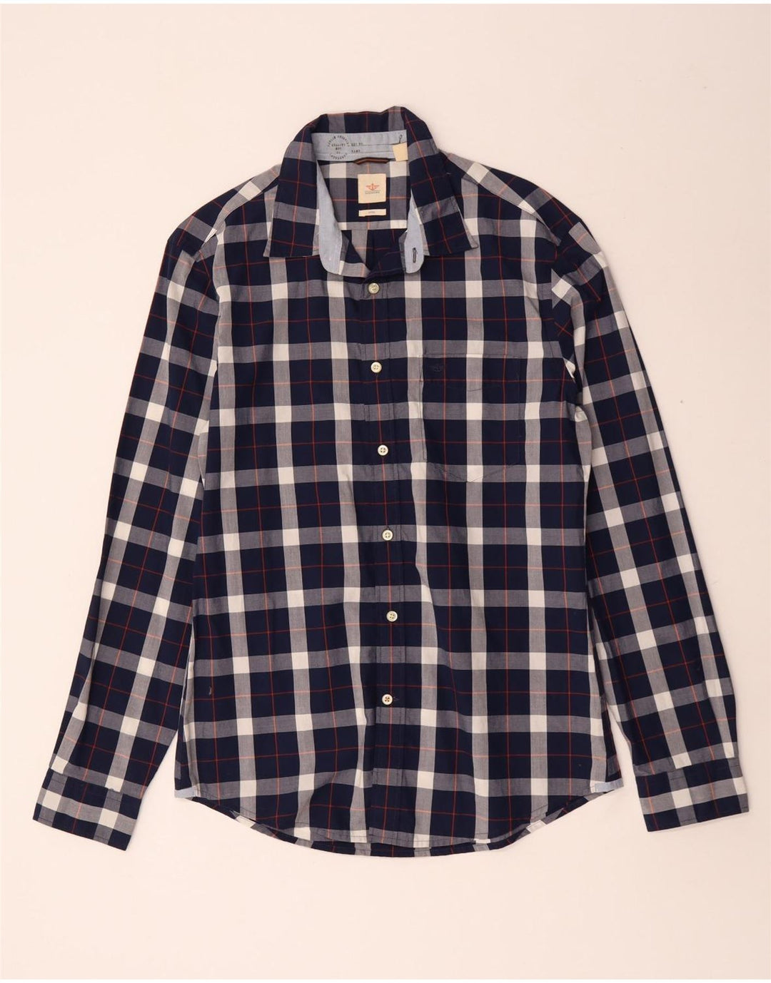 DOCKERS Mens Fitted Shirt Medium Navy Blue Check Cotton