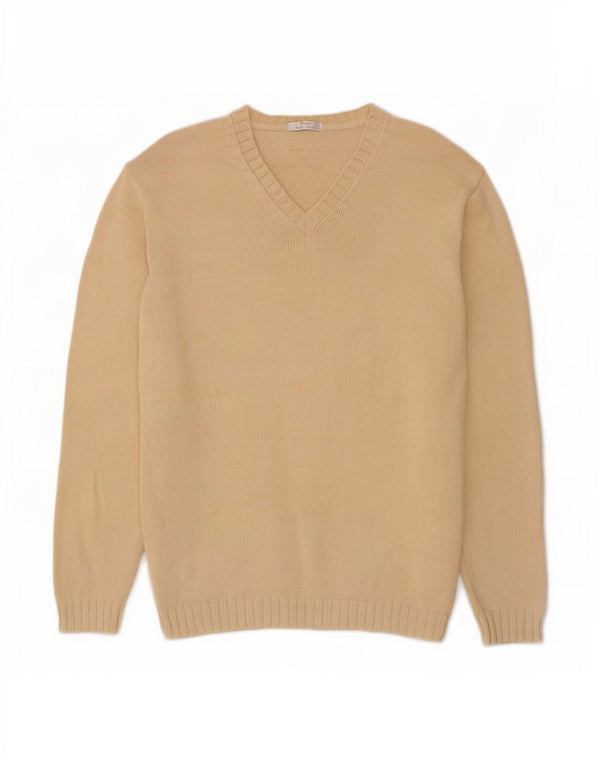 Marks & Spencer Mens V-Neck Jumper Sweater Large Beige Cotton