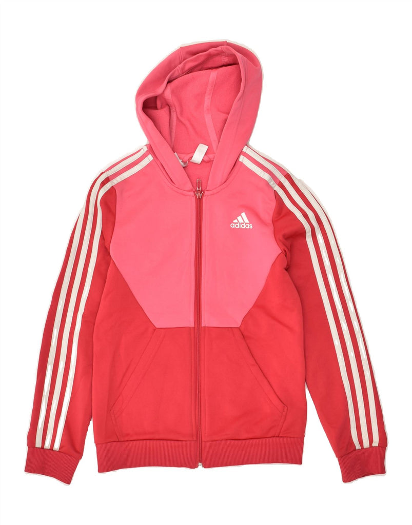 ADIDAS Girls Zip Hoodie Sweater 11-12 Years Red Colourblock Polyester | Vintage Adidas | Thrift | Second-Hand Adidas | Used Clothing | Messina Hembry 