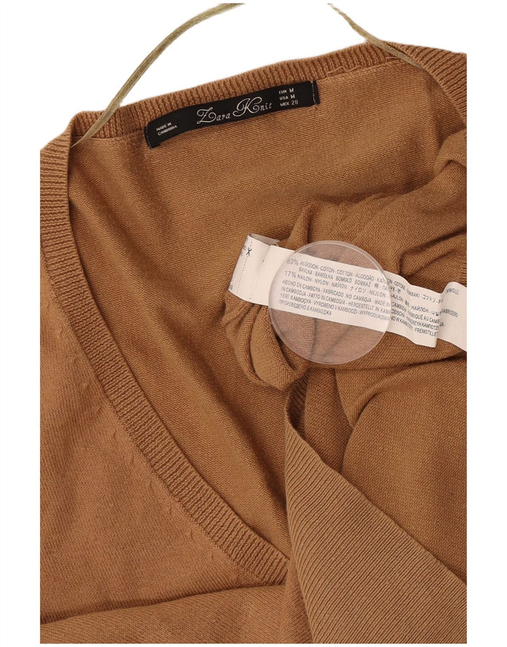 Zara Womens V-Neck Jumper Sweater UK 14 Medium Beige Cotton