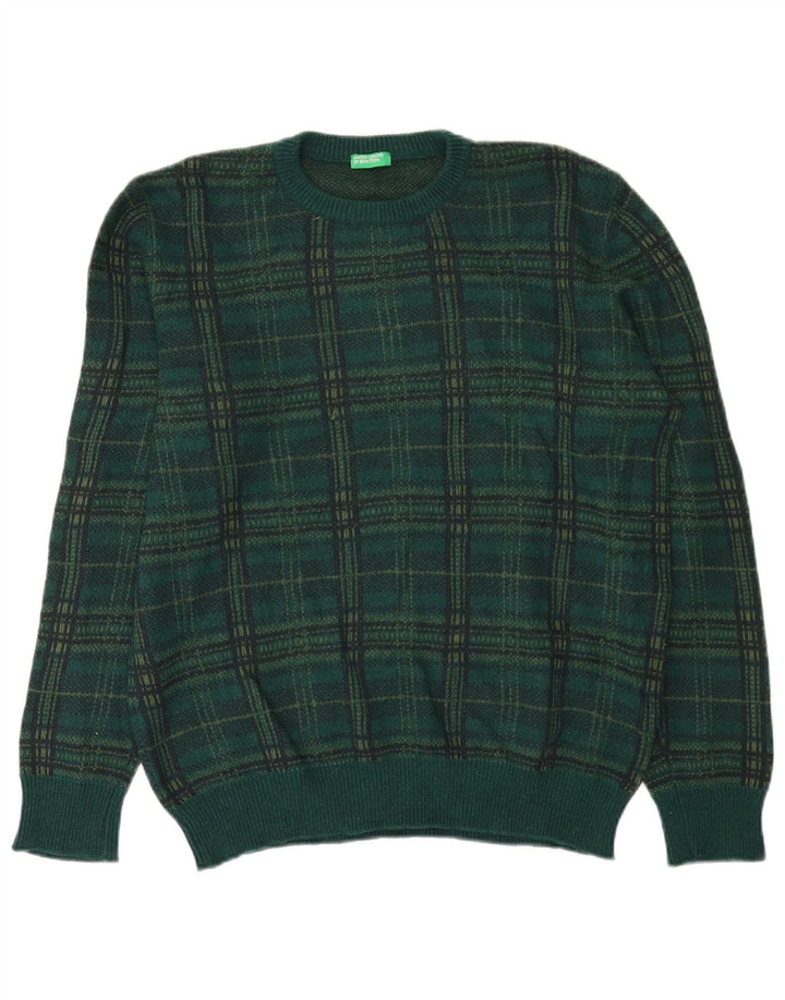 Benetton Mens Crew Neck Jumper Sweater XL Green Check Wool