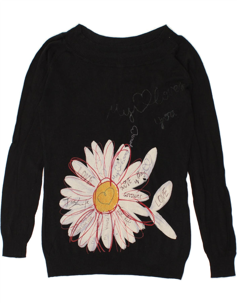 DESIGUAL Womens Boat Neck Jumper Sweater UK 14 Large Black Floral | Vintage Desigual | Thrift | Second-Hand Desigual | Used Clothing | Messina Hembry 