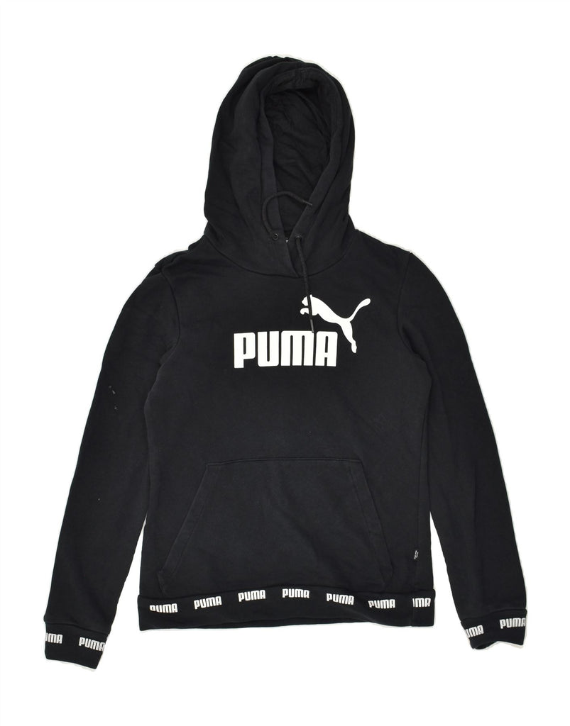 PUMA Womens Graphic Hoodie Jumper UK 10 Small Black Cotton | Vintage Puma | Thrift | Second-Hand Puma | Used Clothing | Messina Hembry 