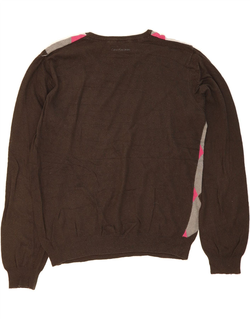 CALVIN KLEIN JEANS Mens V-Neck Jumper Sweater Large Brown Argyle/Diamond Vintage Calvin Klein Jeans and Second-Hand Calvin Klein Jeans from Messina Hembry 