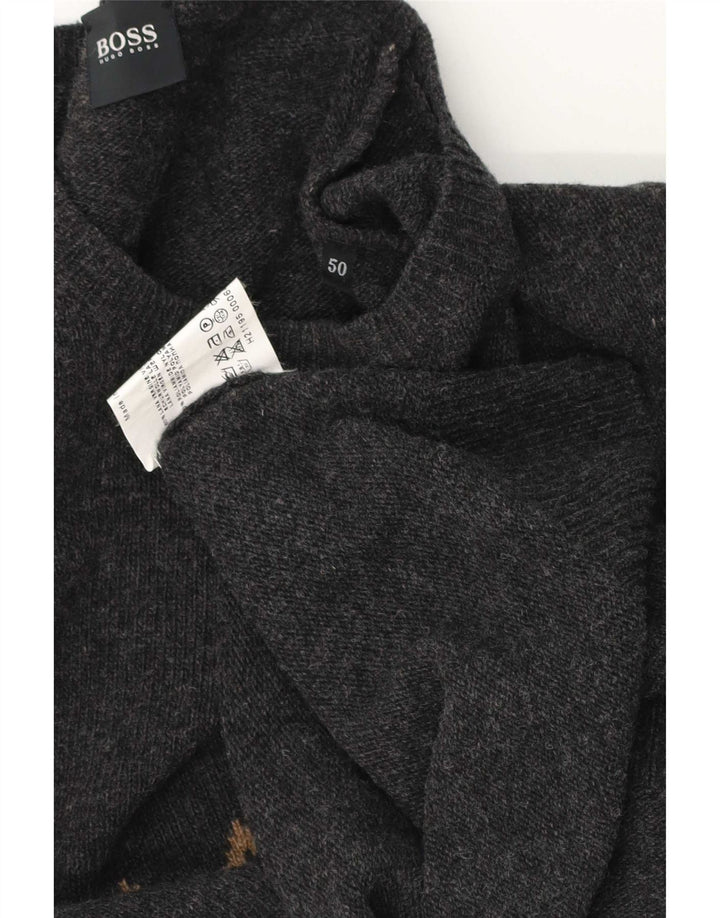 Hugo Boss Mens Crew Neck Jumper Sweater IT 50 Medium Grey Geometric Wool