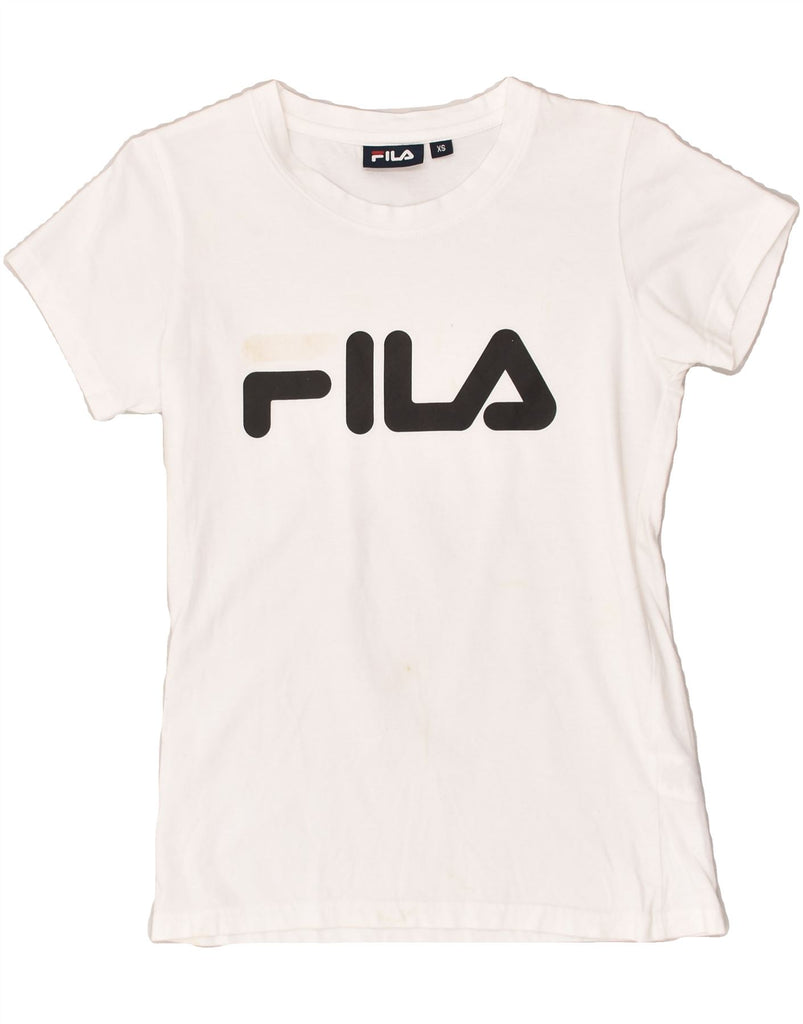 FILA Womens Graphic T-Shirt Top UK 6 XS White Cotton | Vintage Fila | Thrift | Second-Hand Fila | Used Clothing | Messina Hembry 