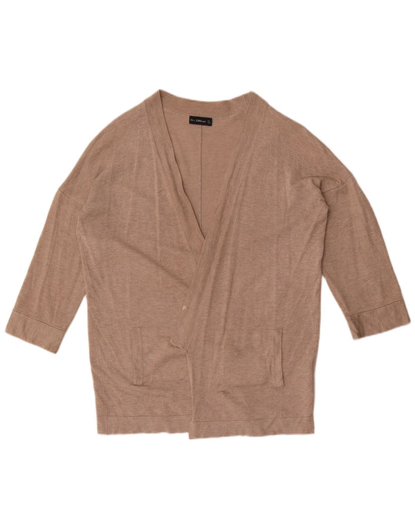 Zara Womens 3/4 Sleeve Open Cardigan Sweater UK 16 Large Beige Flecked