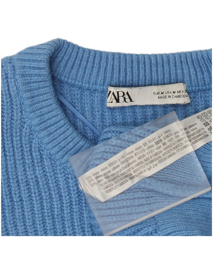 Zara Womens Crop Crew Neck Jumper Sweater UK 14 Medium Blue Viscose