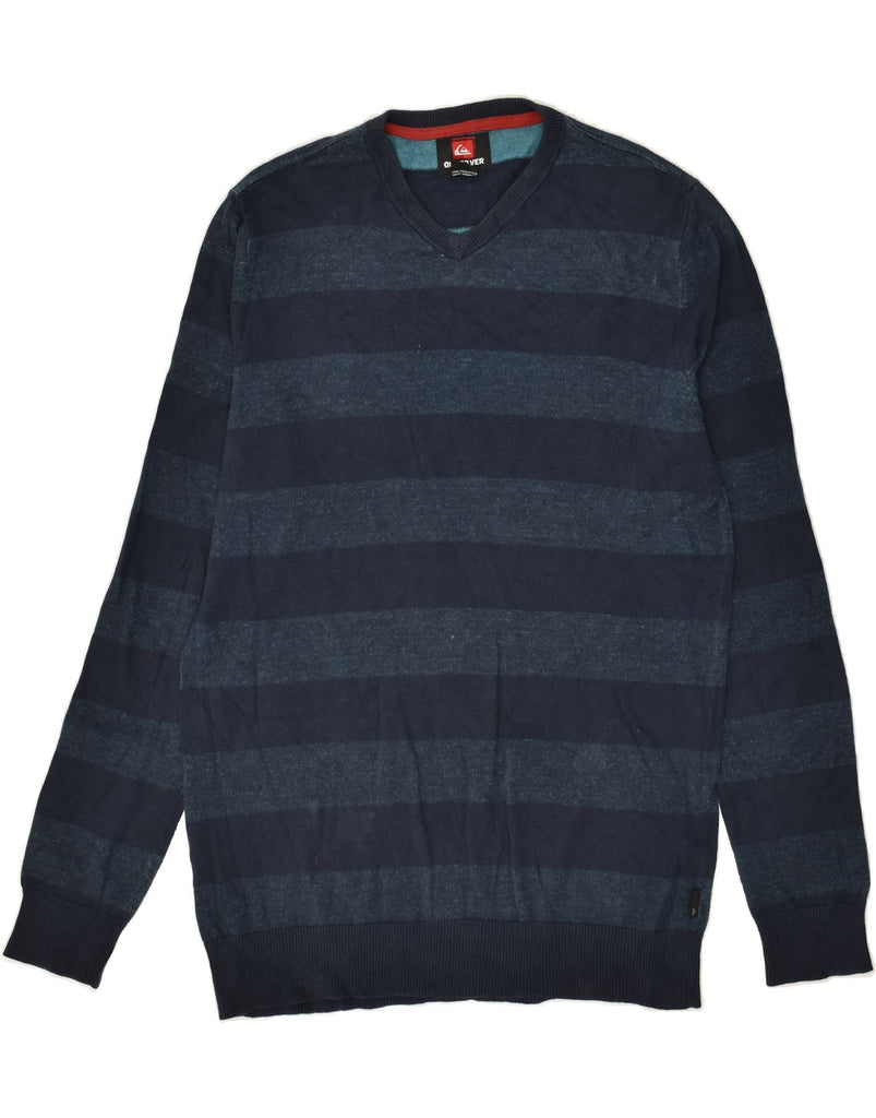 QUIKSILVER Mens V-Neck Jumper Sweater Small Navy Blue Striped Cotton | Vintage Quiksilver | Thrift | Second-Hand Quiksilver | Used Clothing | Messina Hembry 