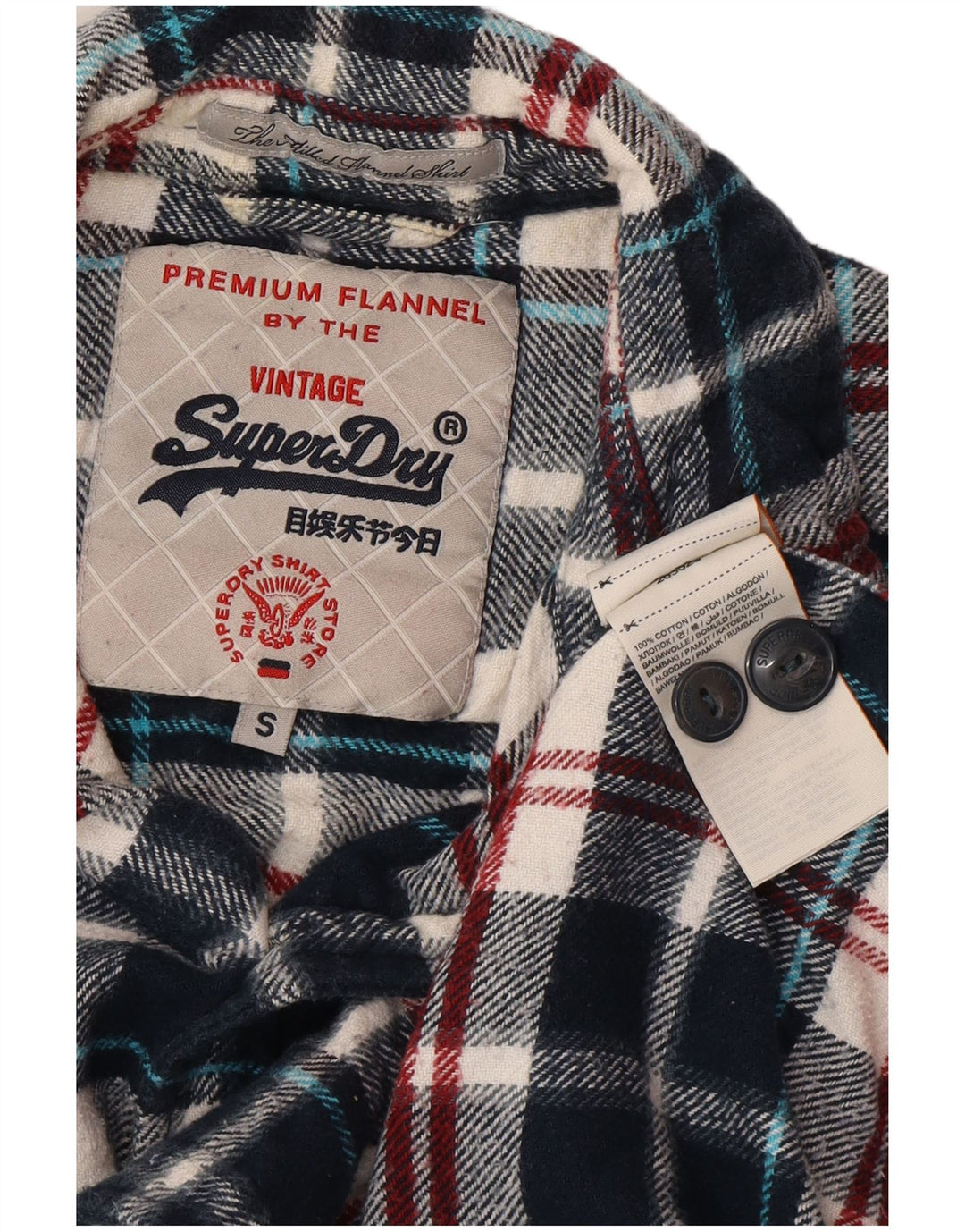 SUPERDRY Mens Flannel Shirt Small Navy Blue Check Cotton