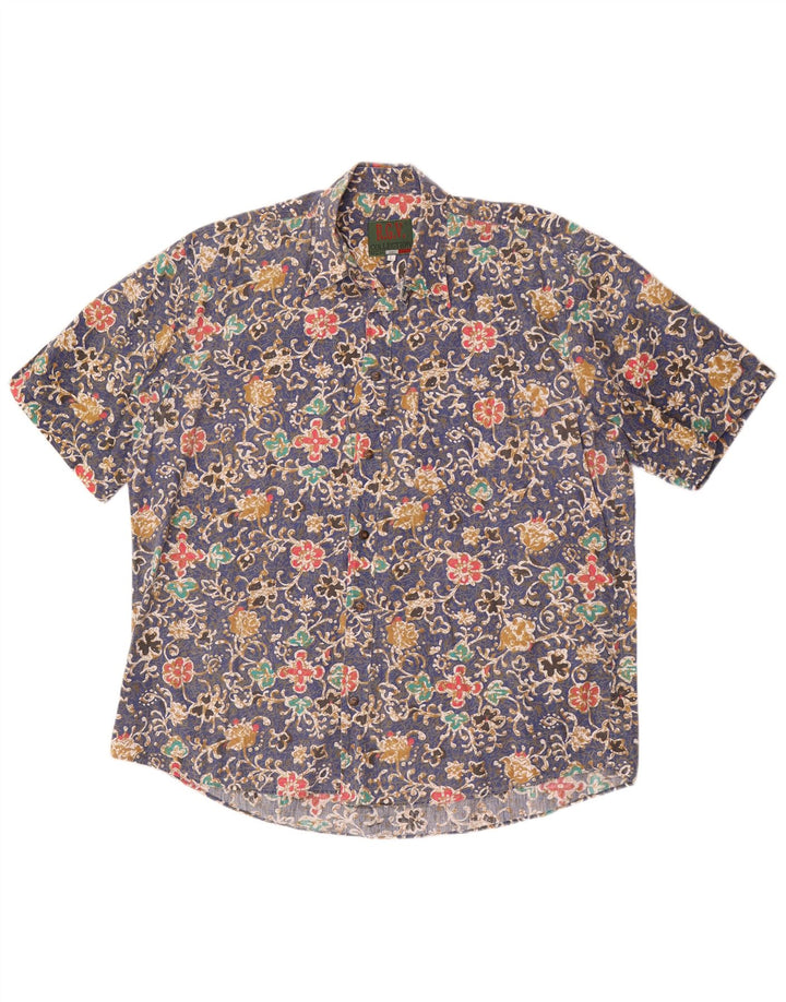 Vintage Mens Short Sleeve Shirt Large Blue Floral