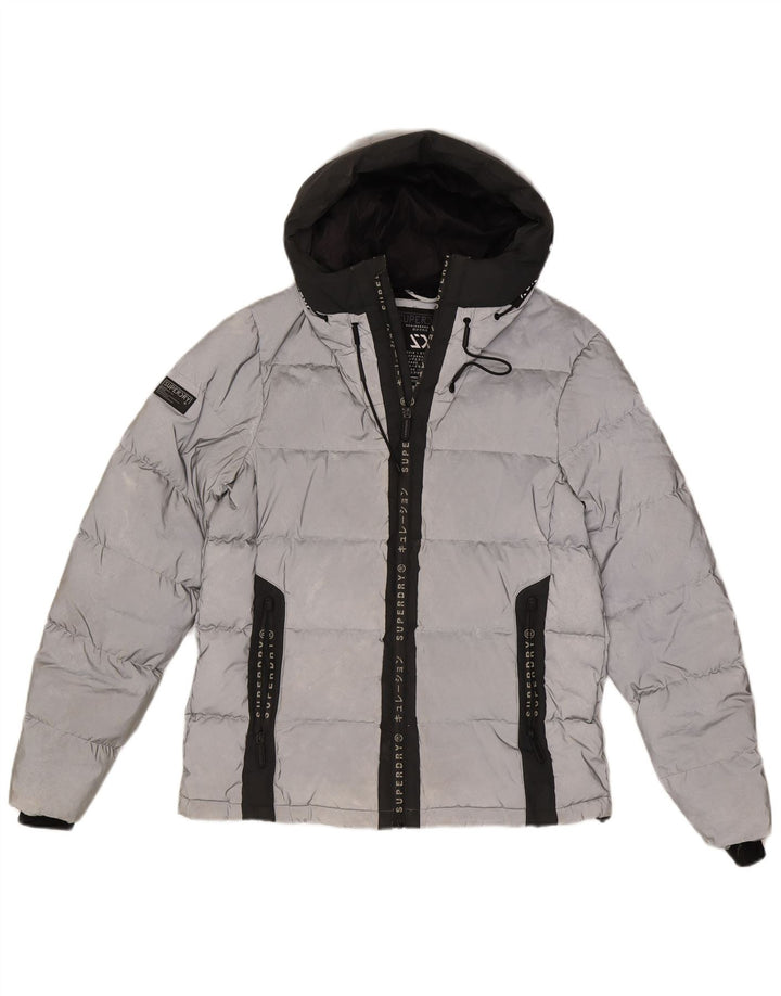 Superdry Mens Graphic Hooded Padded Jacket UK 38 Medium Silver Colourblock