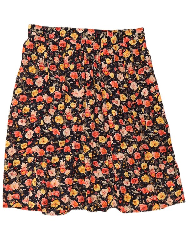 Vintage Womens Knife Pleated Skirt W36 XL Black Floral Viscose