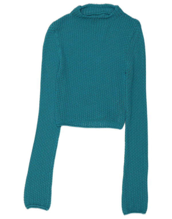 Zara Womens Crop Crochet Turtle Neck Jumper Sweater UK 12 Medium Blue