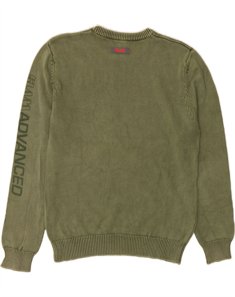 SLAM Mens Graphic Crew Neck Jumper Sweater Small Khaki Cotton Vintage Slam and Second-Hand Slam from Messina Hembry 